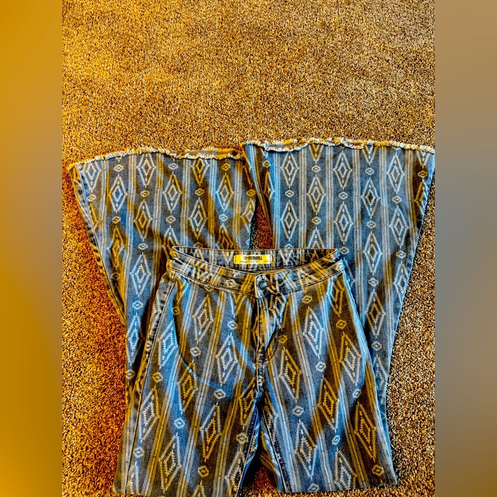 Rock & Roll Cowgirl Blue and Gold Patterned Flare Jeans